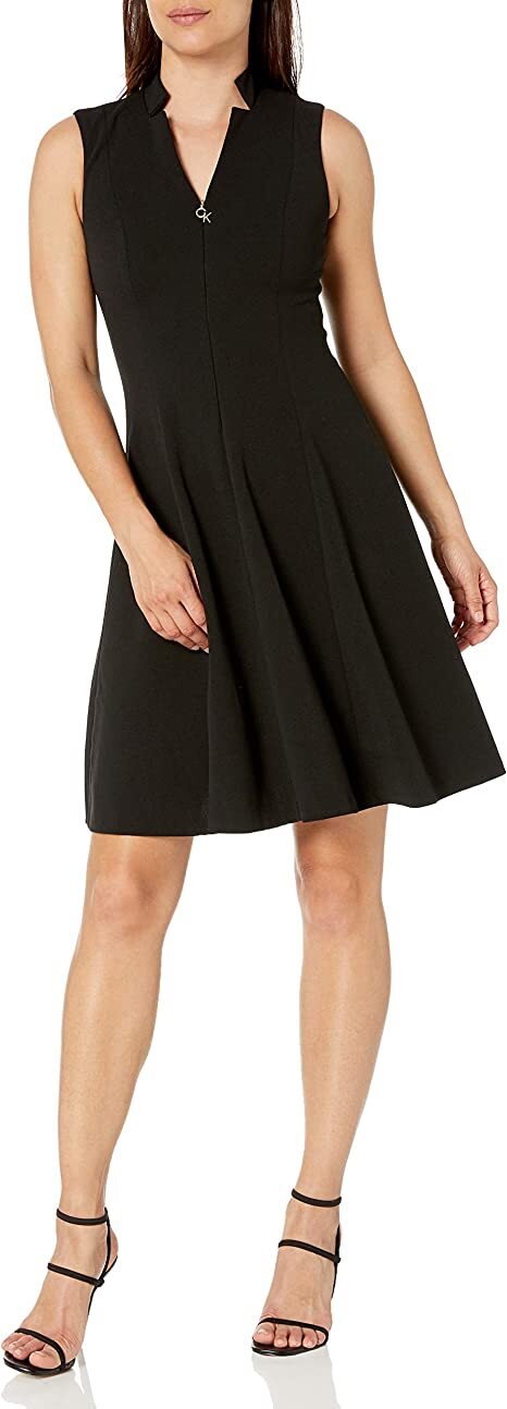 NWT Calvin Klein Красивое вечное ЧЕРНОЕ платье-клеш на молнии спереди, размер 6