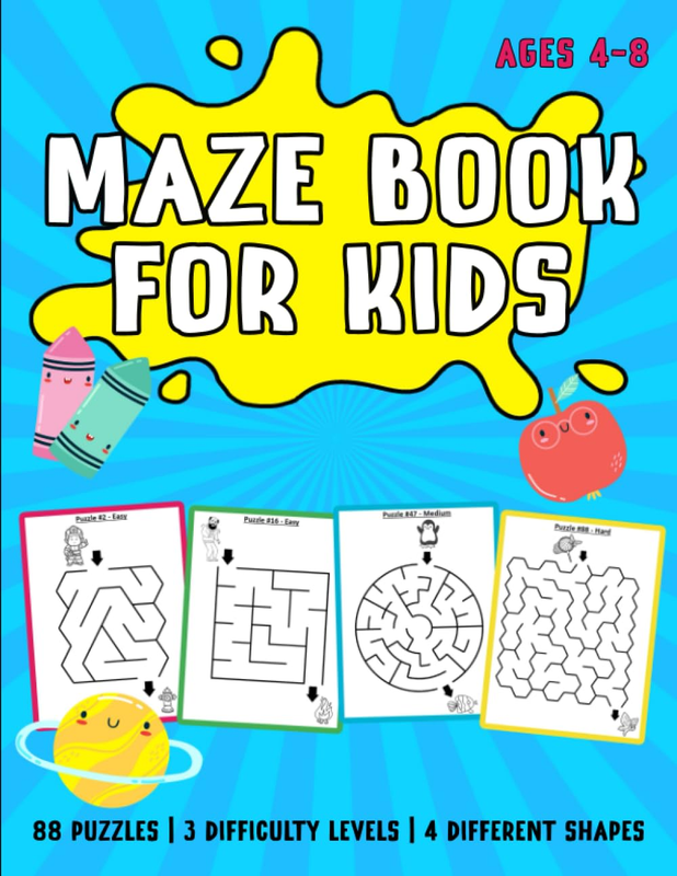 Maze Book for Kids Ages 4-8: 88 Puzzles with 3 Difficulty Levels and 4 Different
