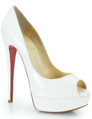 Pre-owned Christian Louboutin Lady Peep Patent Leather Red Heel Pumps White 39.5
