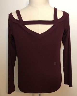 NEW Aero Seriously Soft Women's XL Cold Shoulder Ribbed Knit Maroon Top NWT