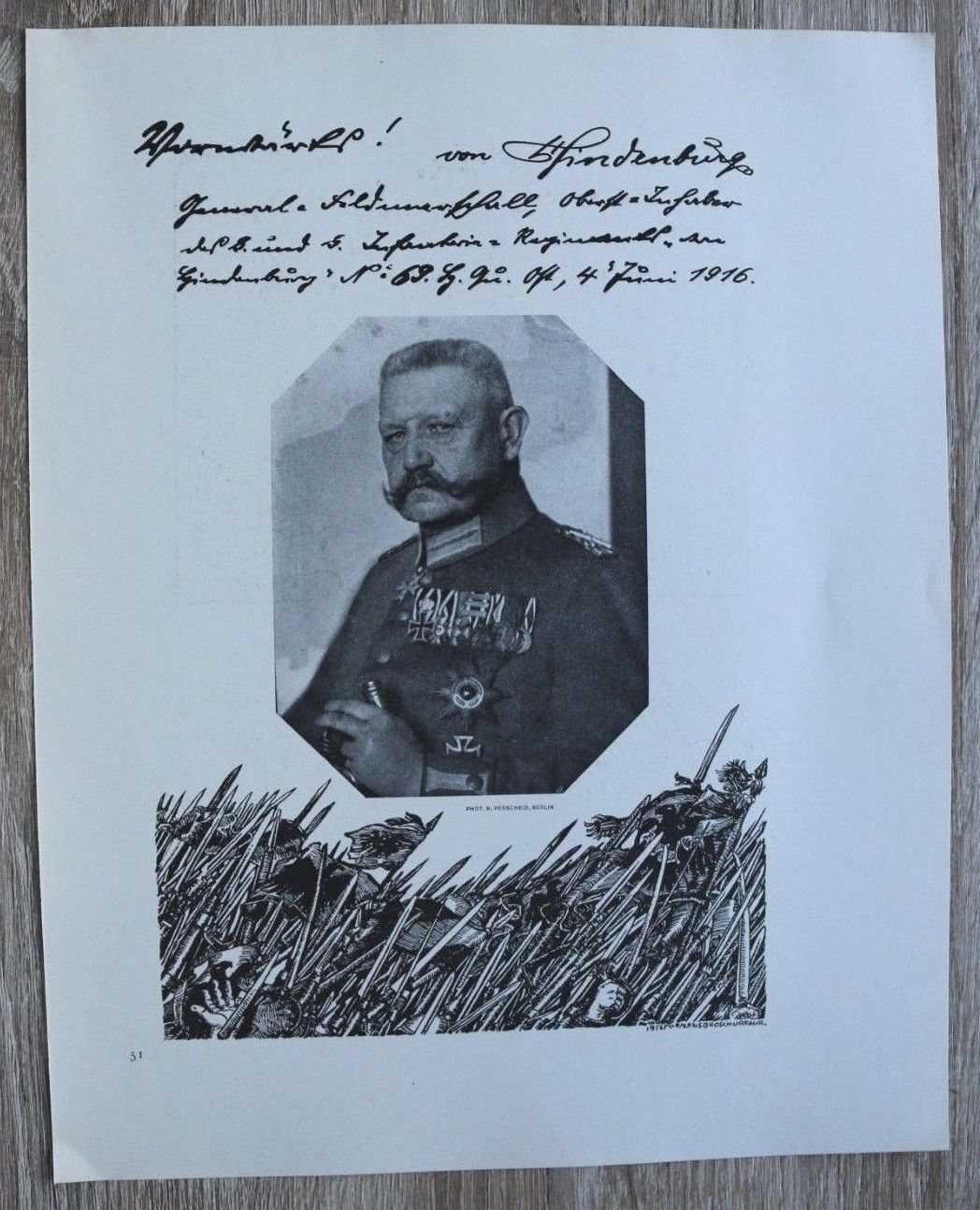 Blatt 1917 Generalfeldmarschall von Hindenburg Orden Monarchie Adel 22x27cm 1.WK