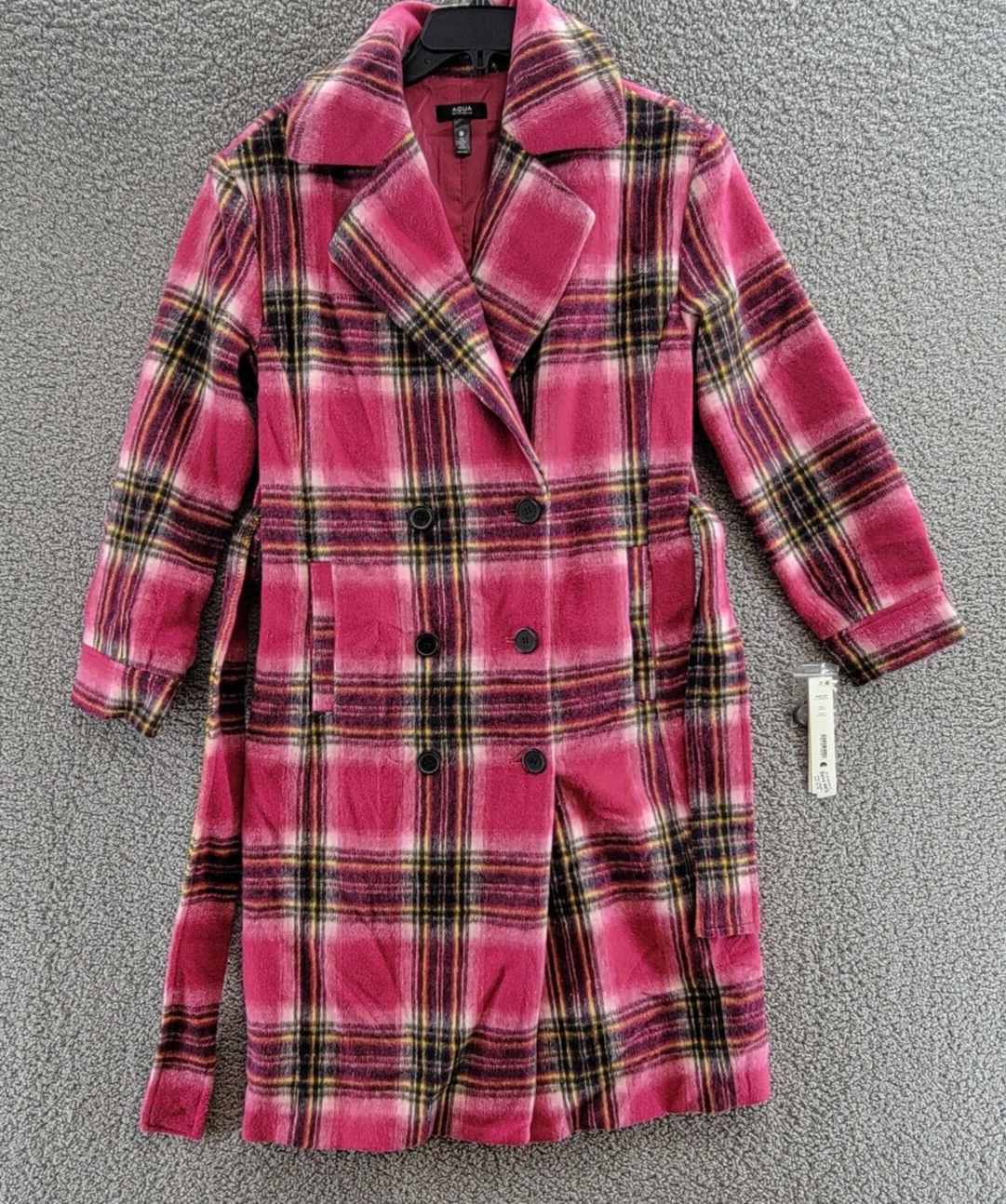 AQUA Plaid Duster Trench Coat Women's XS Pink/Black Collared Button Front L/S - Picture 2 of 19