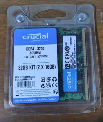 新品未開封 Crucial DDR4 32GB 3200MHz SODIMM Crucial 32GB DDR4 3200MHz SODIMM Memory Kit, 2x16GB, 260-Pin