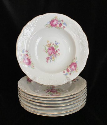 Wawel Rose Peony China Rimmed Soup Bowl with Gilt Trim Made in Poland