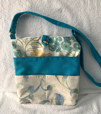 Multi Pocket Tote Bag Blue Teal 9 Pockets Handmade Fabric