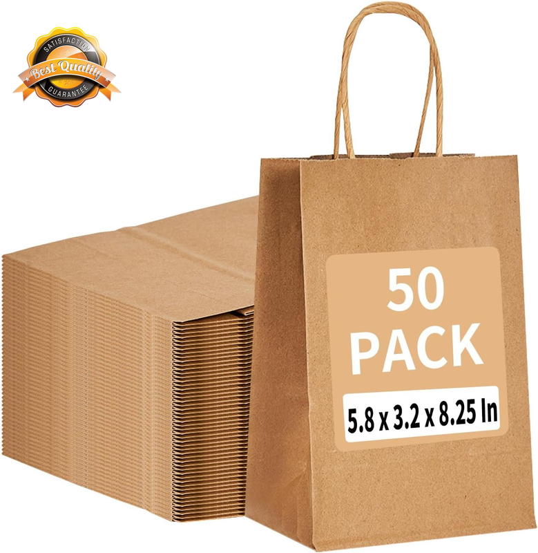 50 Pack Kraft Small Paper Bags with Handles Brown Gift Bulk 5.8x3.2x8.25