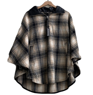 Blank NYC checked out plaid poncho cape jacket quarter zip vegan leather collar