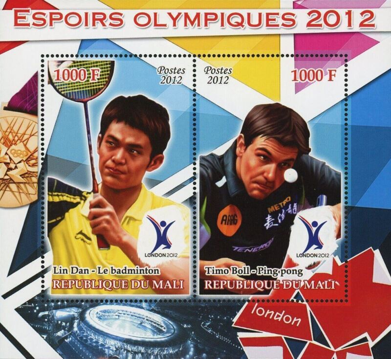 Lin Dan Stamp Olympics Badminton Timo Boll Ping Pong Sov. Sheet of 2 Stamps MNH