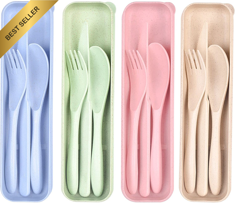 Travel Utensils Set 4 Sets Wheat Straw Reusable Spoon Knife Fork Portable Cutler