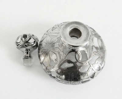 Perfume bottle with crystal and sterling silver overlay in floraql design