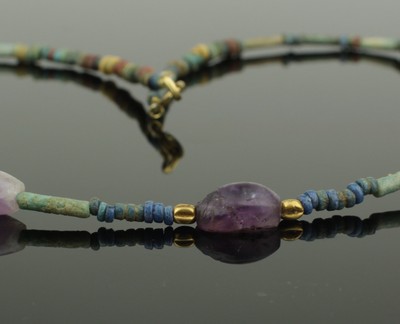 ANCIENT EGYPTIAN NEW KINGDOM FAIENCE BEAD & AMETHYST SCARAB NECKLACE 022
