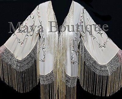 Pre-owned Maya Matazaro Silk Embroidered Fringe Kimono Flapper Jacket Vanilla  Usa Made In White