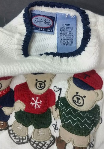 Koala Kids Boys Sweater Pullover Long Sleeves Bears Skiing Size 3 Months White