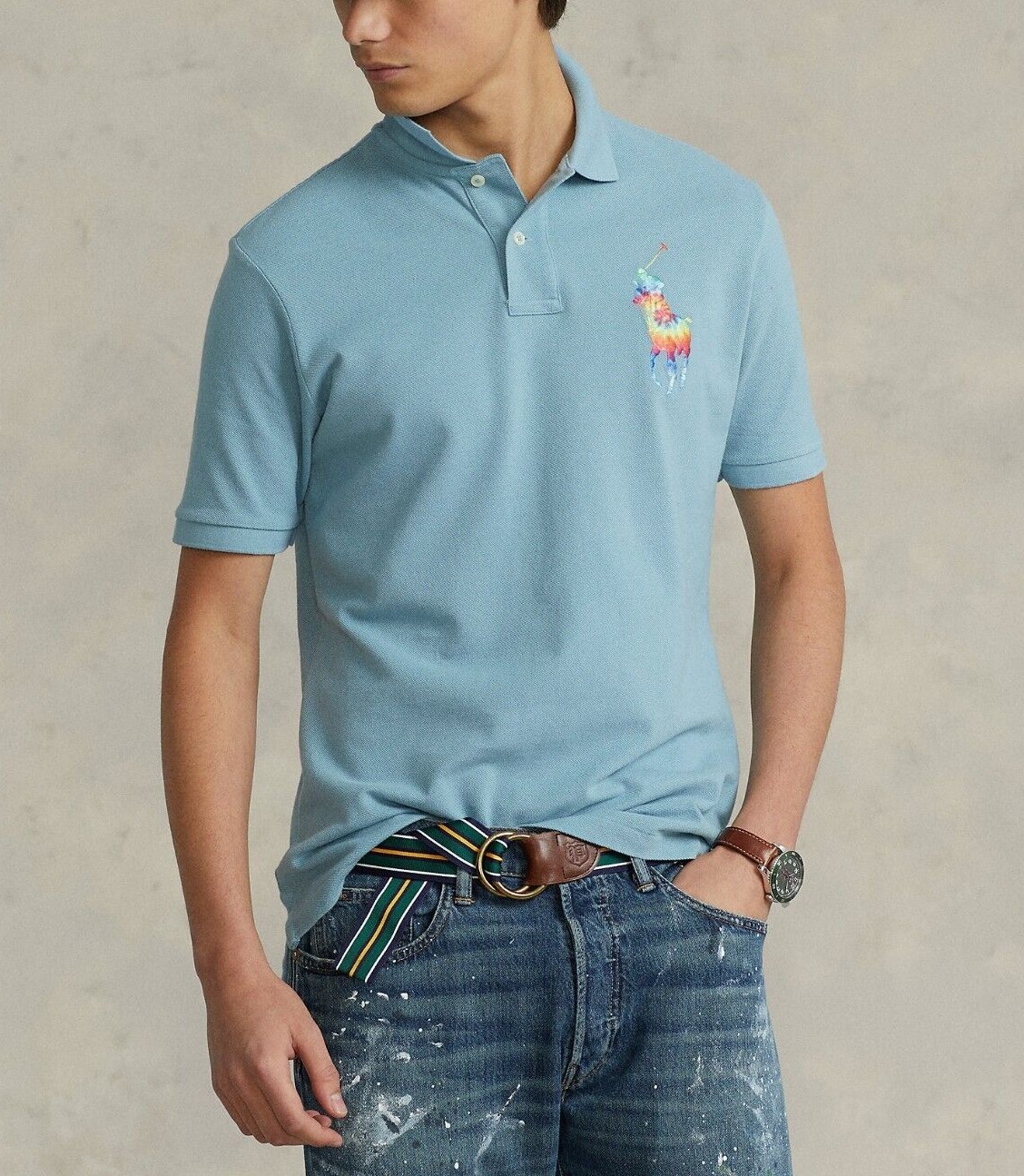 Polo Ralph Lauren Men Classic Fit Rainbow Big Pony Mesh Polo