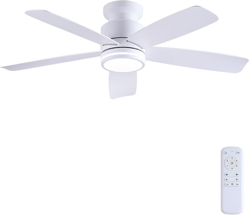 Ceiling Fans with Lights and Remote Control, 46 Inch Low Profile Flush Mount Ceiling Fan, 3 CCT LED Dimmable Lights 5 Reversible Plastic Blades 6 Speeds for Bedroom Living Room, White