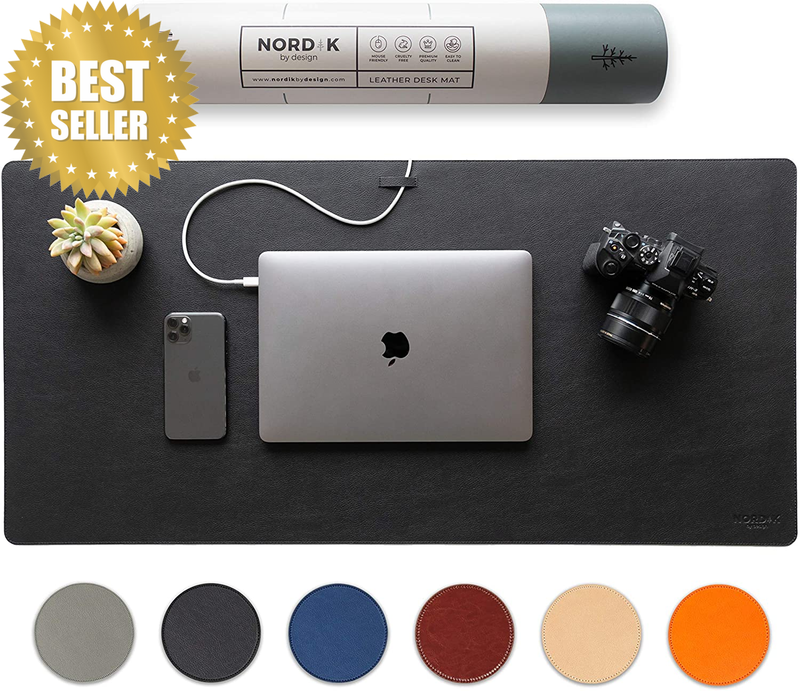 Nordik Leather Desk Mat Cable Organiser (Pebble Black 89 X 43 Cm) Premium Extend
