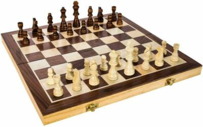 Wooden Chess Game Set Large Wood Board Folding Storage Box Hand Carved Piece New
