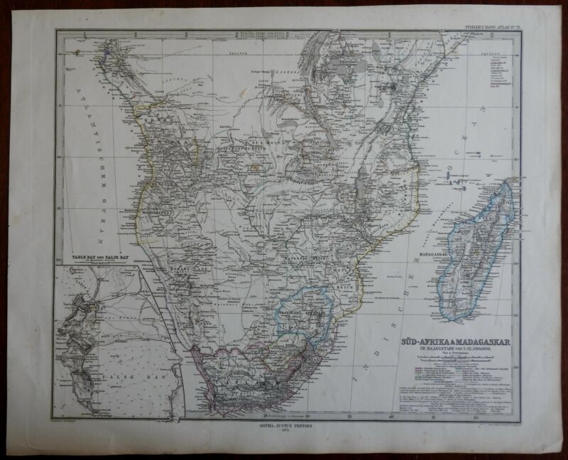 South Africa Madagascar Table Bay Transvaal Natal 1875 Stieler detailed map