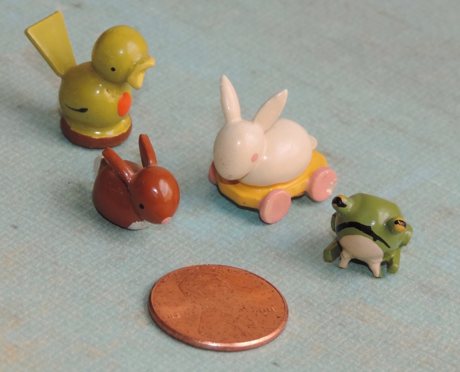 Vintage Erzgebirge German Wooden Miniatures Bunny Pull Toy Frog Bird 4pc