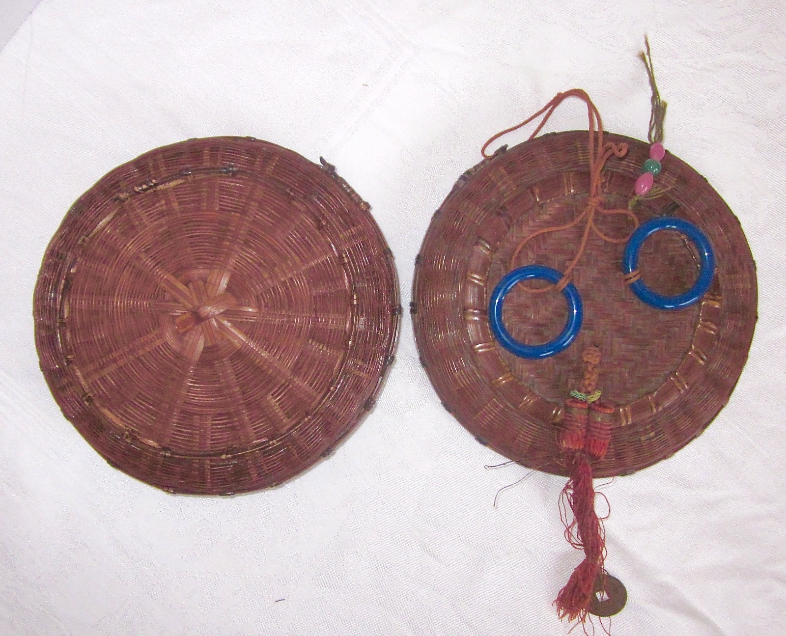 Antique CHINESE BASKET Glass Handles Peking Glass Beads Coin Sewing 1900s