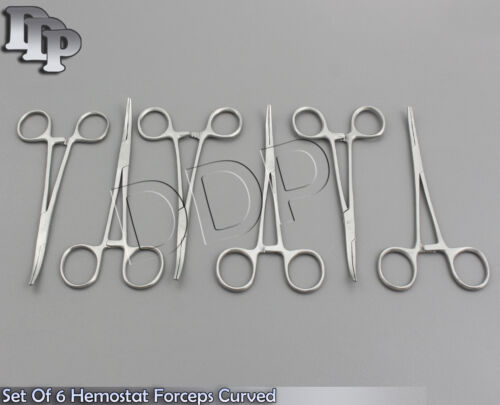 New Set of 6 Pairs 6" Curved Hemostat Forceps Locking Clamps - Stainless Steel