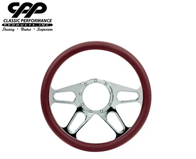 NEW CPP CHROME STEERING WHEEL 14'' TRACKER BURGUNDY LEATHER 1/2 WRAP HOT ROD