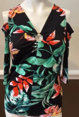 Bold Elements Cut To Curve Womens Small Cold Shoulder Black Floral Top NWT $36
