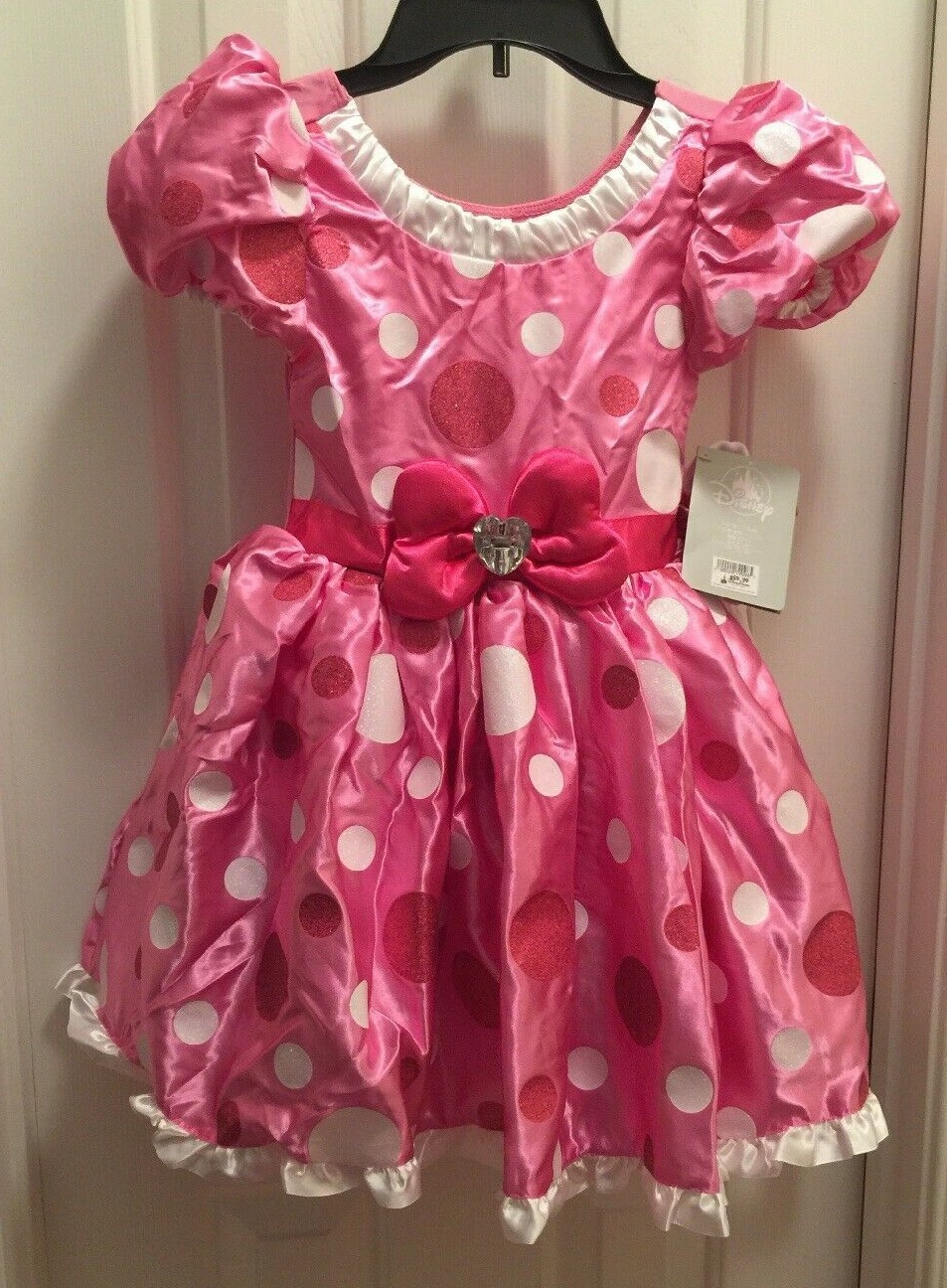 Disney-Parks-Size-5/6-Minnie-Mouse-Dress-&-Gloves-Pink-Polka-Dots-Glittery-Bow