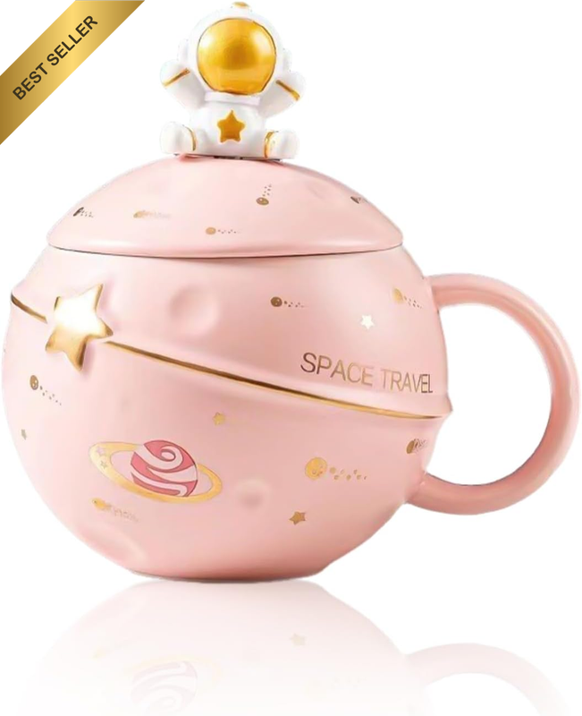 Kawaii Astronaut Cup, Space Embossed Planet Mug with Lid & Spoon, Cute Ceramic C