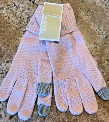 NWT Michael Kors Embellished Cuff Knit Touch Tip Gloves Pink One Size $78