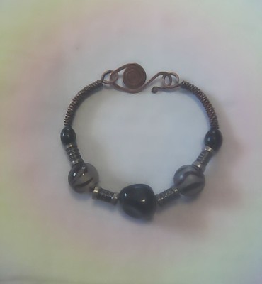 Handcrafted Copper Wire & Black Obsidian Beaded Bangle New