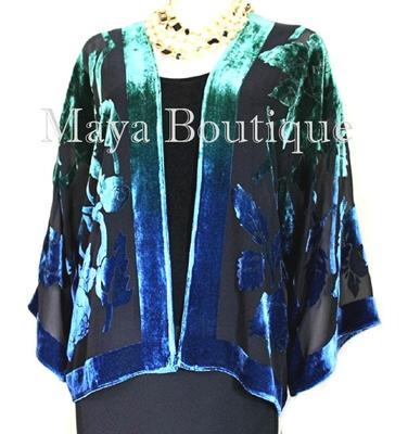 Pre-owned Maya Matazaro Silk Velvet Jacket Short Kimono No Fringe Hand Dyed Green Blue