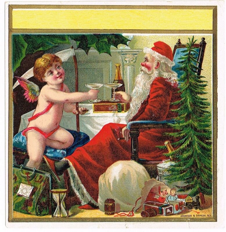 ORIGINAL CIGAR BOX LABEL VINTAGE 1890 SANTA CLAUS BABY NEW YEAR CHRISTMAS XMAS 2