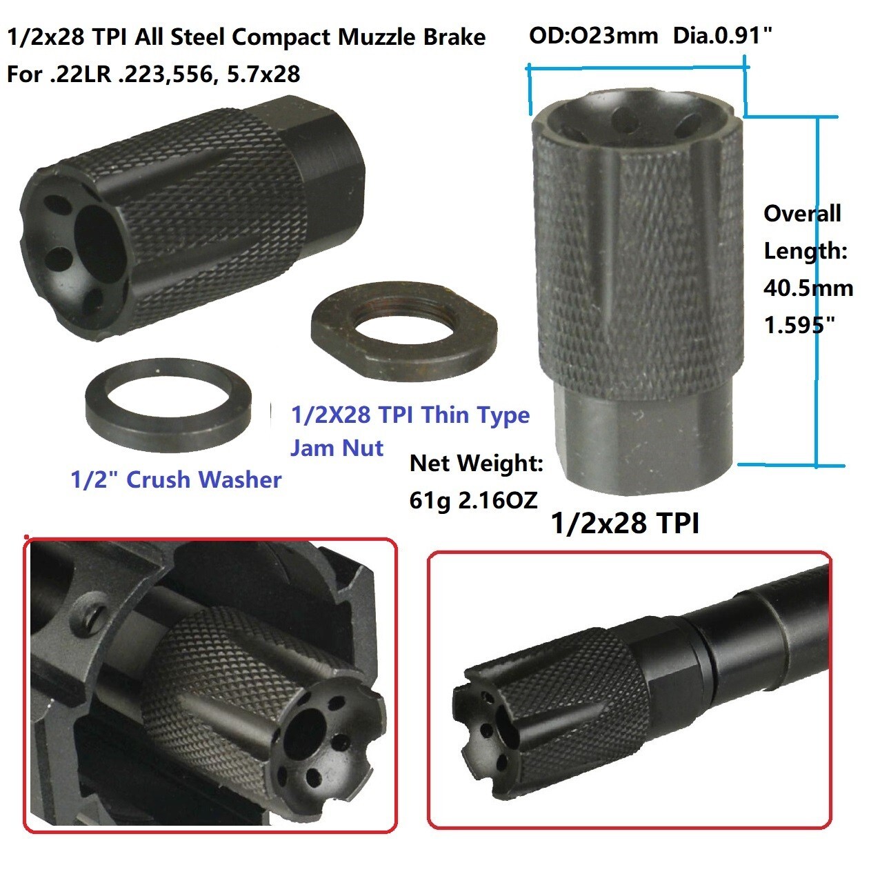 Steel Muzzle Brake Compact Low Concussion 1/2x28 TPI .223