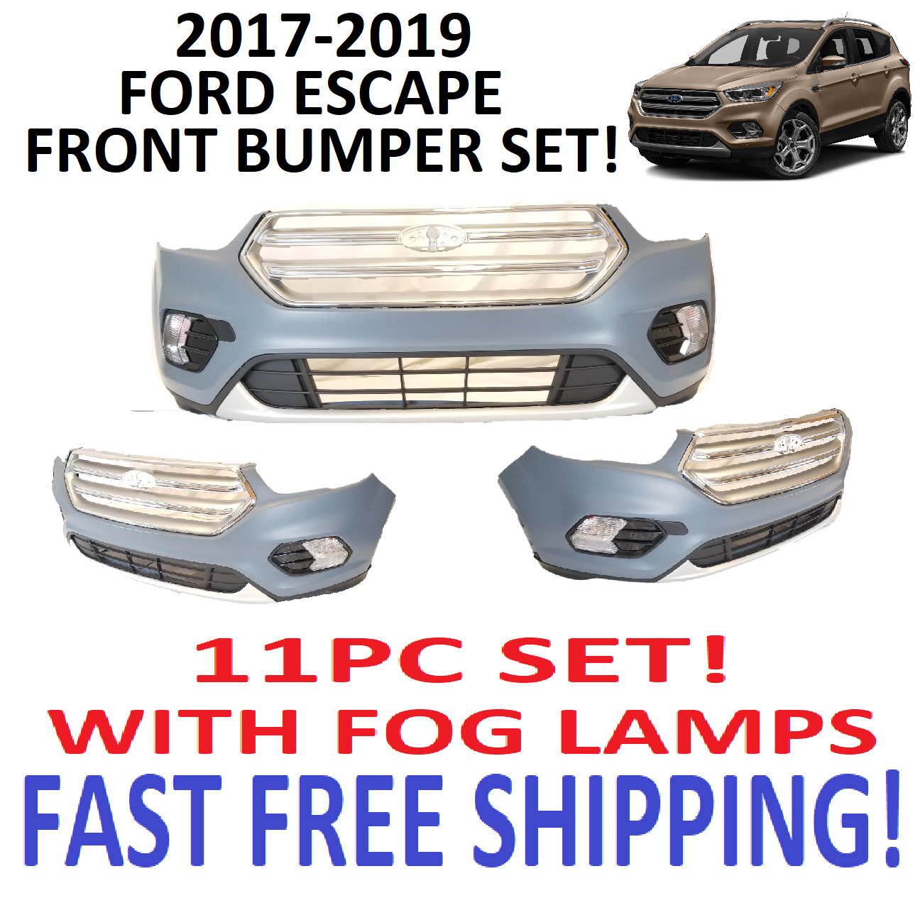 2017 2018 2019 FORD Escape Front Bumper Cover with grills and fog lamps NEW!