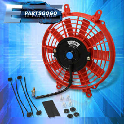 1x 9'' Inch 12V Electric Slim Push Pull Radiator Cooling Fan Red + Mounting Kit