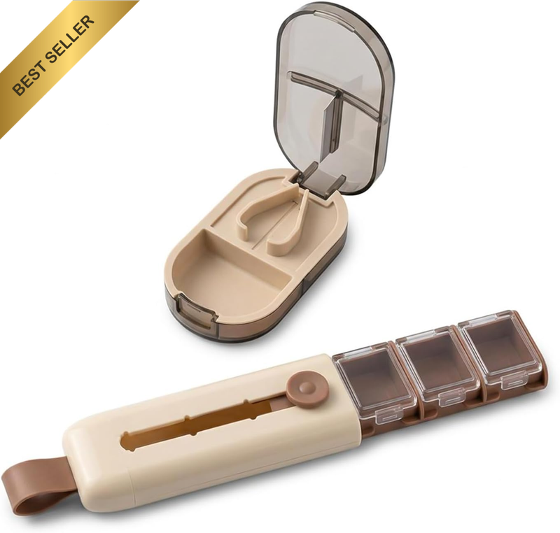 Pill Organizer and Pill Cutter, Transparent Three-Compartment Travel Pill Box wi