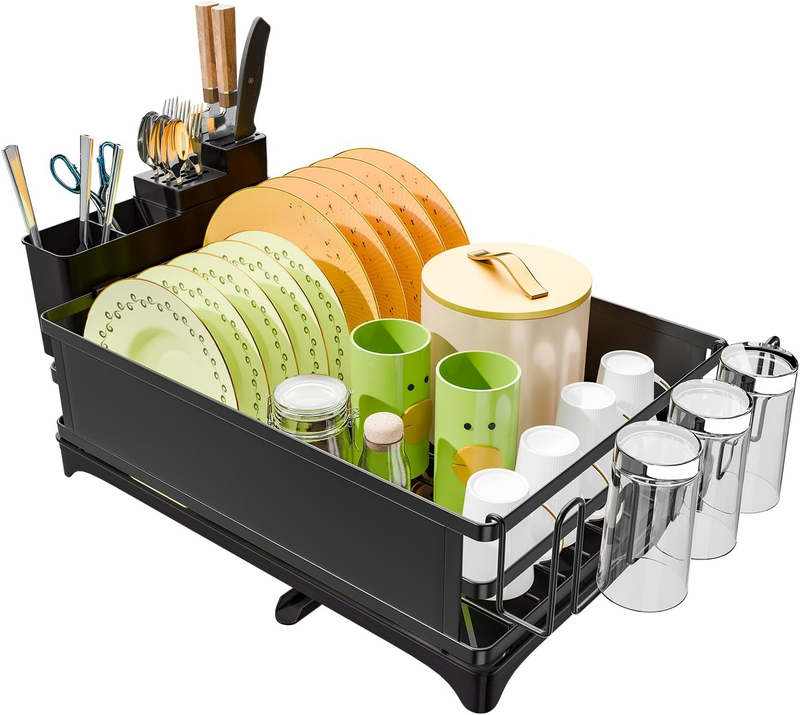 Dish Drying Rack, Dish Drainer for Kitchen Counter, Dish Rack with Tray for Larg