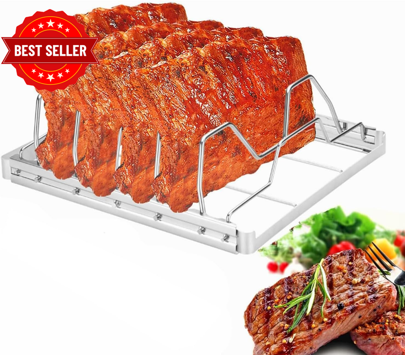Rib Rack for Smoking – Foldable Stainless Steel Rib Holder with 4 Slots, BBQ Roa
