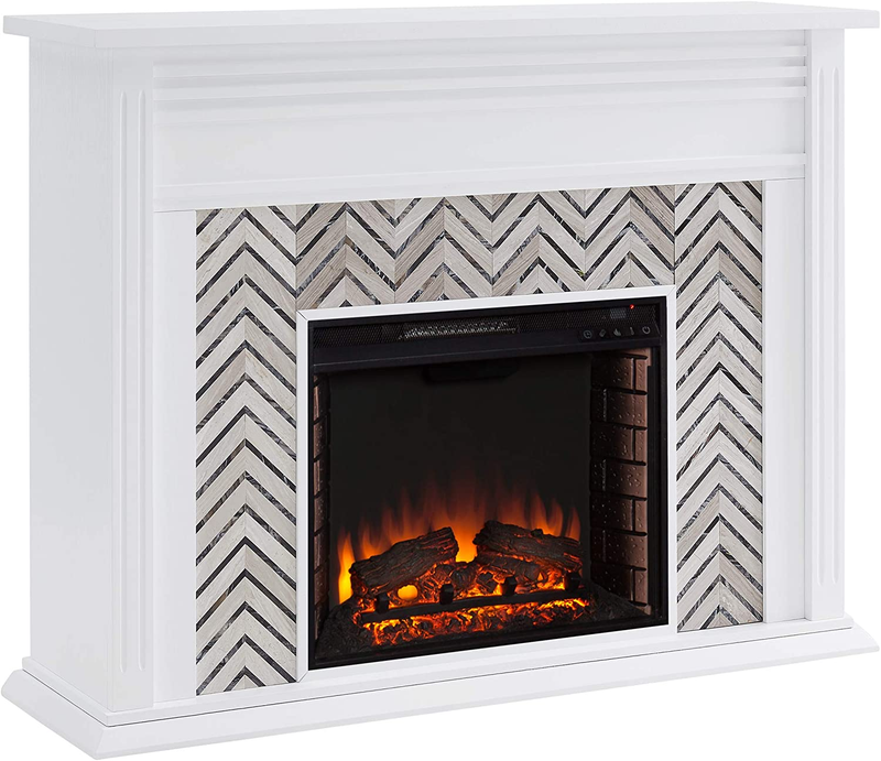 Hebbington Carrara Marble Tiled Electric Fireplace, White-Gr