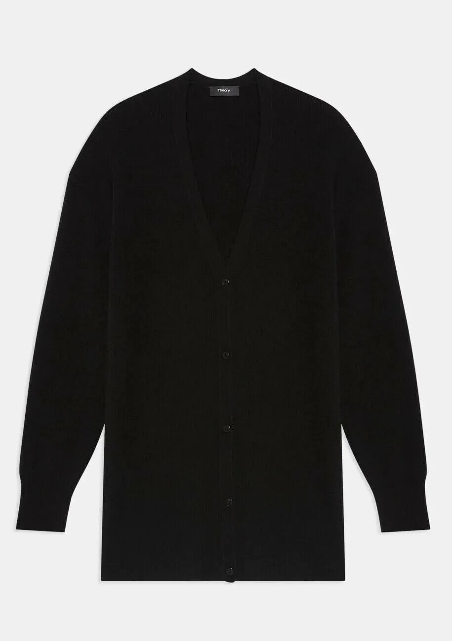Pre-owned Theory $415  Szm Long Lenght Side Slits Cardigan Cashmere Sweater Black