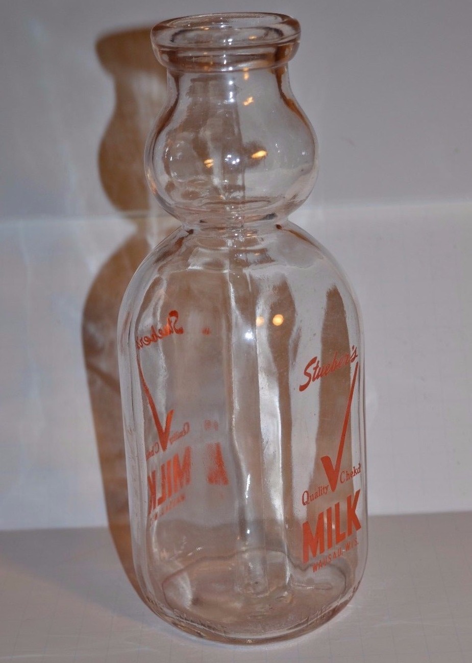 Vintage Stueber's Quality Check'd Cream Top Glass Milk Bottle Wausau Wi Dairy