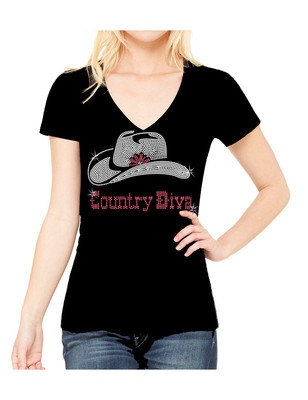 COUNTRY DIVA RHINESTONE COWBOY COWGIRL WESTERN V NECK SHORT SLEEVE TEE SHIRT