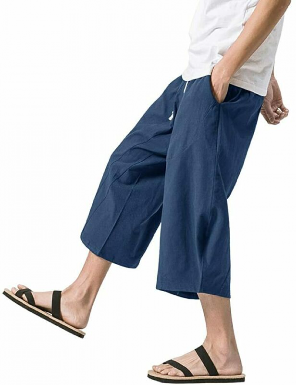 Men's Cotton Linen 3/4 Capri Pants Elastic Waist Loose Fit