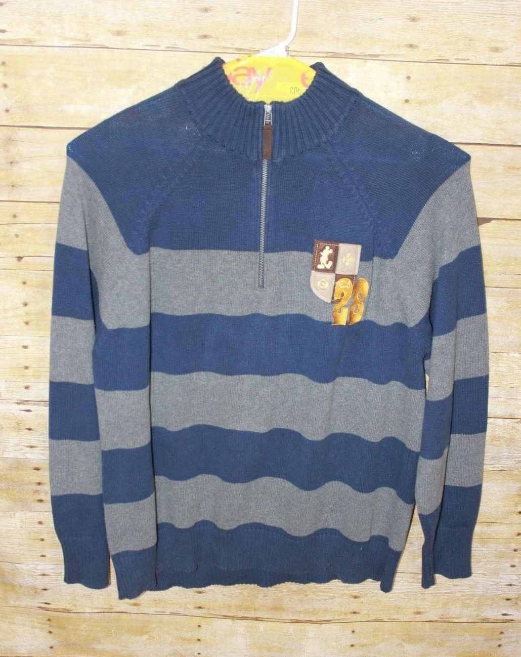 Disney Store Mickey 28 Men's 1/4 Zip Blue Grey Striped Knit