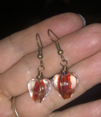 Artisan Earrings Wire wrap Heart Handmade Red Glass Gift Copper JMe
