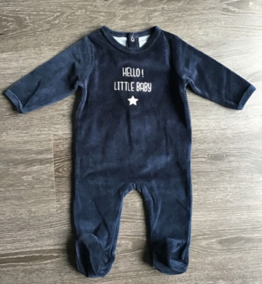 Vertbaudet Designer Baby Boy Blue Velour Footie Hello Little Baby size 6 months