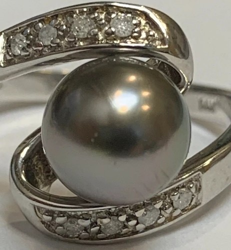 VINTAGE 14K White GOLD 8.4 MM TAHITIAN PEARL  DIAMOND COCKTAIL RING SIZE 7