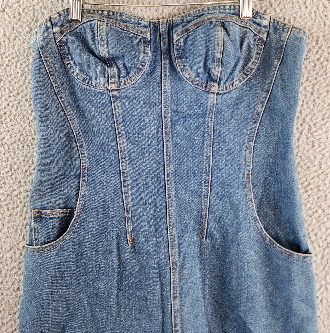 Another Mode Denim Mini Dress Women's L Blue Two Side Slant Pocket Strapless - Picture 3 of 12