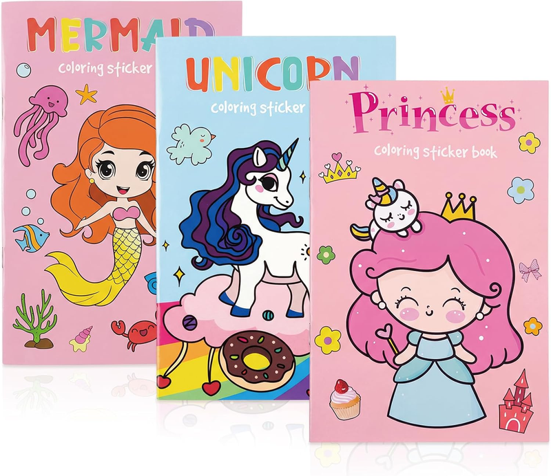 3‑Pack Coloring Books for Kids, Princess Unicorn & Mermaid(4.7×7 In)